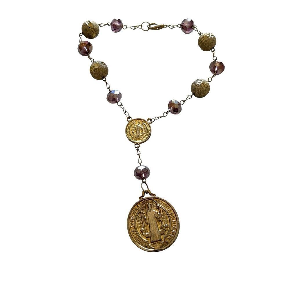Rosary Chaplet Saint Benedict Holy Medal Gold Tone Purple Glass Beads 9” - Picture 2 of 7
